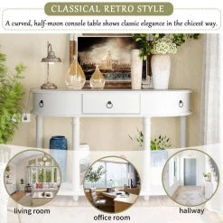 48 in. Antique White Retro Solid Wood Frame Curved Console Table and Legs with Single Drawer Half Moon Entry Table by Siavonce -OS Home Sales Shop antique white siavonce console tables t y wf282467aak 4f 1000