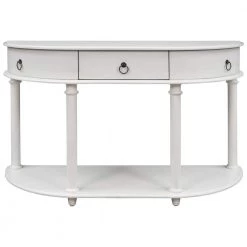 48 in. Antique White Retro Solid Wood Frame Curved Console Table and Legs with Single Drawer Half Moon Entry Table by Siavonce