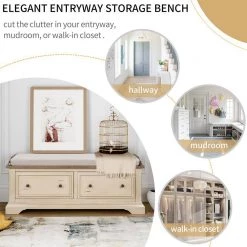 43 x 16 x 16.3 In. Beige+Sepia Solid Wood Shoe Bench with 2 Large Drawers and Removable Cushion Storage Bench by Siavonce -OS Home Sales Shop beige sepia siavonce dining benches t y wf282365aan 1f 1000