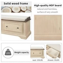 43 x 16 x 16.3 In. Beige+Sepia Solid Wood Shoe Bench with 2 Large Drawers and Removable Cushion Storage Bench by Siavonce -OS Home Sales Shop beige sepia siavonce dining benches t y wf282365aan 44 1000