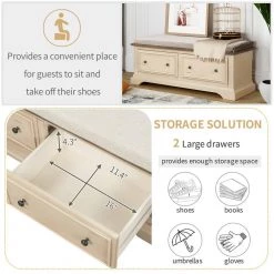 43 x 16 x 16.3 In. Beige+Sepia Solid Wood Shoe Bench with 2 Large Drawers and Removable Cushion Storage Bench by Siavonce -OS Home Sales Shop beige sepia siavonce dining benches t y wf282365aan 4f 1000