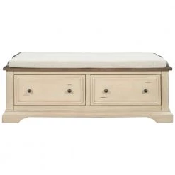43 x 16 x 16.3 In. Beige+Sepia Solid Wood Shoe Bench with 2 Large Drawers and Removable Cushion Storage Bench by Siavonce