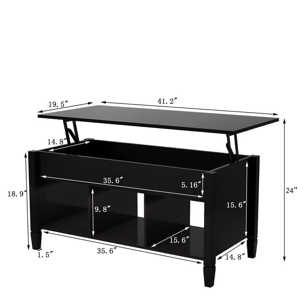 41.2 Inch Black Rectangular Solid Wood Coffee Table With Lift Function For Living Room Office by Siavonce 5 41.2 Inch Black Rectangular Solid Wood Coffee Table With Lift Function For Living Room Office by Siavonce - Image 3
