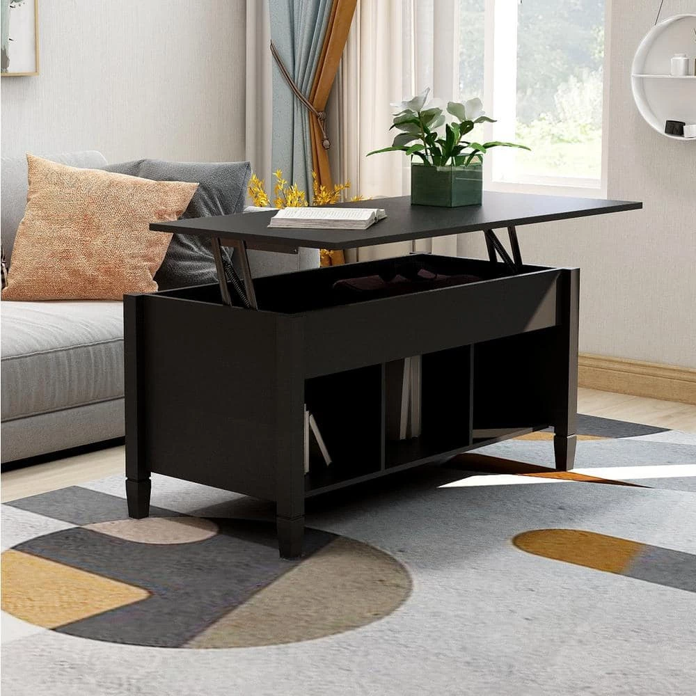 41.2 Inch Black Rectangular Solid Wood Coffee Table With Lift Function For Living Room Office by Siavonce 4 41.2 Inch Black Rectangular Solid Wood Coffee Table With Lift Function For Living Room Office by Siavonce - Image 2