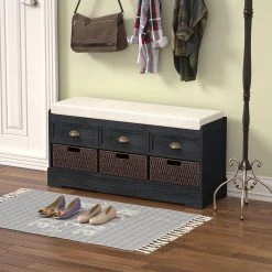 Black Storage Bench with 3-Drawers 3-Rattan Baskets and Removable Cushion 43.3 in. L x 13.2 in. W x 21.9 in. H by Siavonce -OS Home Sales Shop black siavonce dining benches xyd y wf195955 31 1000