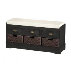 Black Storage Bench with 3-Drawers 3-Rattan Baskets and Removable Cushion 43.3 in. L x 13.2 in. W x 21.9 in. H by Siavonce -OS Home Sales Shop black siavonce dining benches xyd y wf195955 40 1000