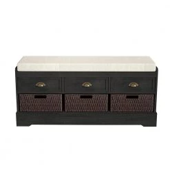 Black Storage Bench with 3-Drawers 3-Rattan Baskets and Removable Cushion 43.3 in. L x 13.2 in. W x 21.9 in. H by Siavonce