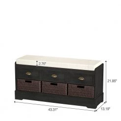 Black Storage Bench with 3-Drawers 3-Rattan Baskets and Removable Cushion 43.3 in. L x 13.2 in. W x 21.9 in. H by Siavonce -OS Home Sales Shop black siavonce dining benches xyd y wf195955 c3 1000