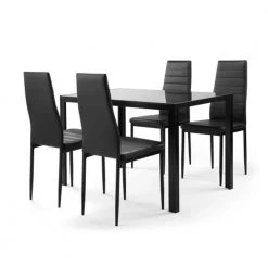 Suitable For Small Apartment Light Luxury Nordic Style Glass Table Top Dining Table Plus Four Black PU Chairs by Siavonce