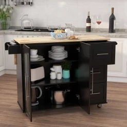 Black Kitchen Island with Spice Rack Towel Rack and Extensible Solid Wood Table-Top by Siavonce -OS Home Sales Shop black siavonce kitchen islands dj y w282s00030 31 1000