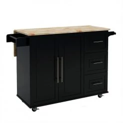 Black Kitchen Island with Spice Rack Towel Rack and Extensible Solid Wood Table-Top by Siavonce