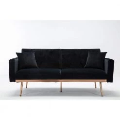 63.7 in. Square Arm Velvet Accent Sofa Straight Loveseat Sofa with Rose Gold Metal Feet Black by Siavonce