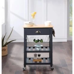 Farmhouse Blue Painted Kitchen Cart with Drawer and Wood Top by OS Home and Office Furniture