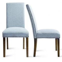 Blue Upholstered Linen Dining Chairs with Copper Nails (Set of 2) by Siavonce