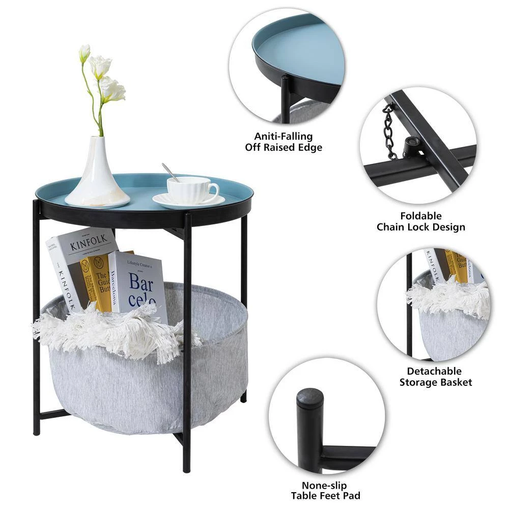 MX 18.2 in. Blue Round Metal Top End Table with Fabric Storage Basket by Siavonce 7 MX 18.2 in. Blue Round Metal Top End Table with Fabric Storage Basket by Siavonce - Image 5