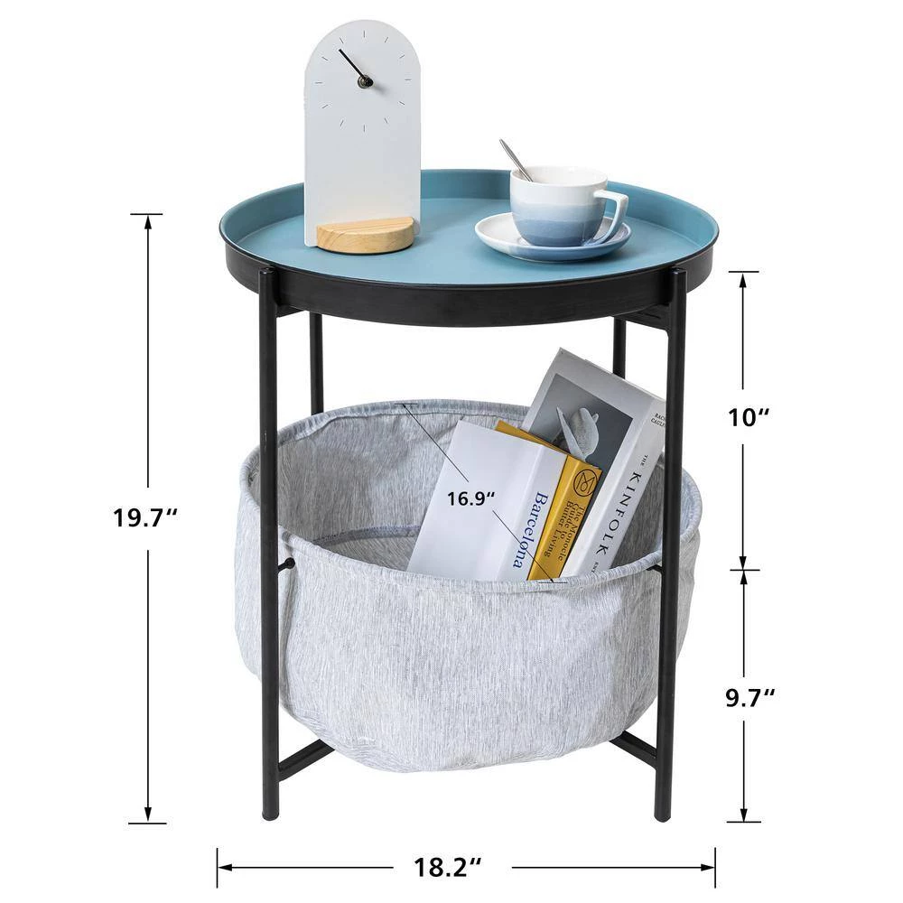 MX 18.2 in. Blue Round Metal Top End Table with Fabric Storage Basket by Siavonce 6 MX 18.2 in. Blue Round Metal Top End Table with Fabric Storage Basket by Siavonce - Image 4