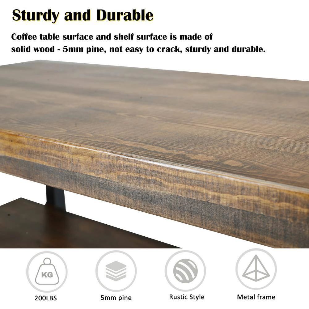 42 .1 in. Brown Rustic Natural Rectangle Wood Coffee Table with Storage Shelf by Siavonce 13 42 .1 in. Brown Rustic Natural Rectangle Wood Coffee Table with Storage Shelf by Siavonce - Image 11