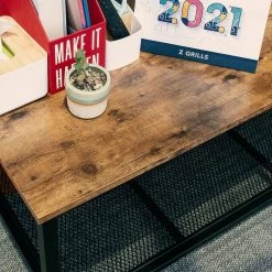 42 in. Large Rustic Brown Wood Rectangle Coffee Table with Mesh Shelf Storage And Steel Frame by Siavonce -OS Home Sales Shop brown black siavonce coffee tables xyd y tmyl d012 1f 1000