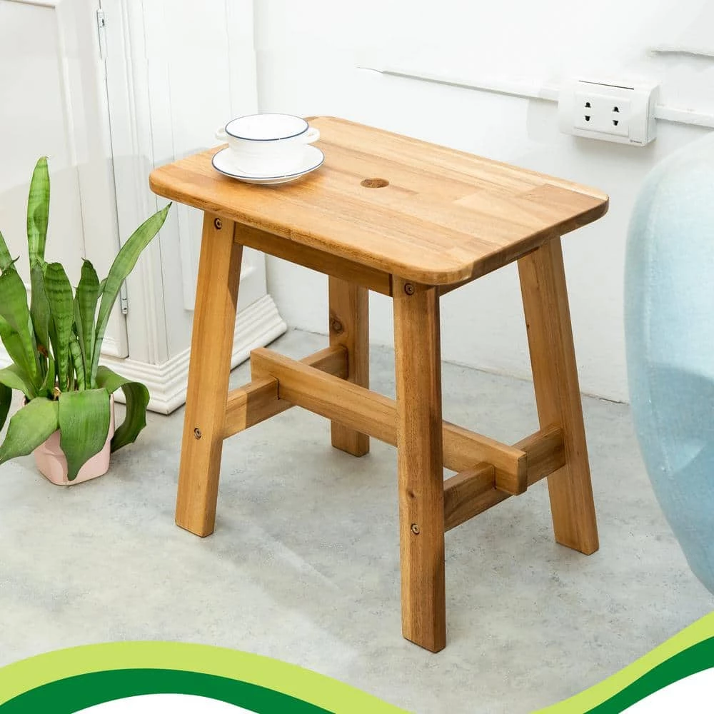 17.5 in. Natural Brown Acacia Wood Stool Rectangle Top Chairs For End Tables Sofas Living Room Sub-Stool by Siavonce 4 17.5 in. Natural Brown Acacia Wood Stool Rectangle Top Chairs For End Tables Sofas Living Room Sub-Stool by Siavonce - Image 2