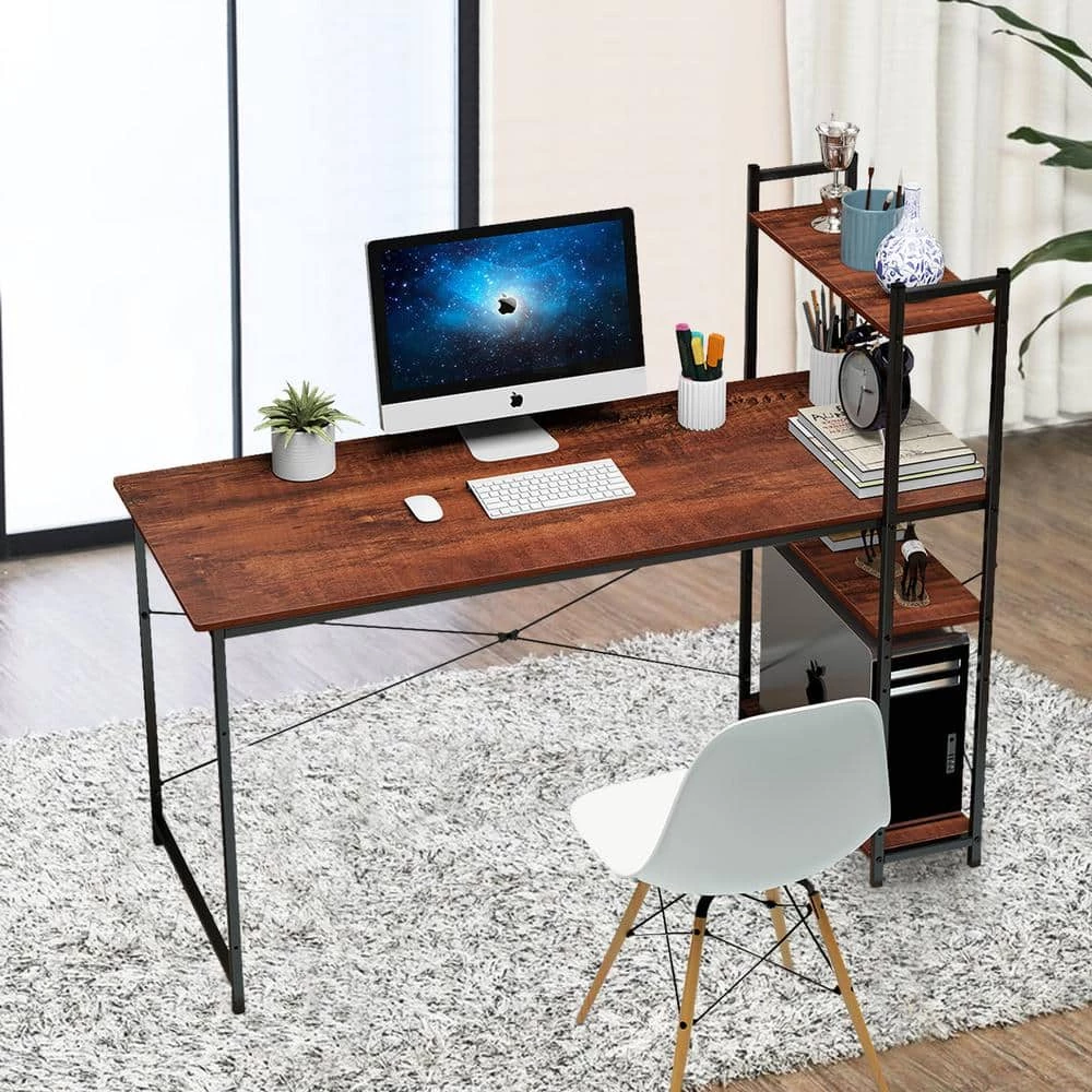 55 in. H Retangular Brown Ebony Computer Desk with a 4-layer Bookshelf by Siavonce 3 55 in. H Retangular Brown Ebony Computer Desk with a 4-layer Bookshelf by Siavonce - Image 2