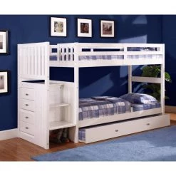 Casual Mission White Painted Twin Staircase Bunkbed with Twin Trundle by OS Home and Office Furniture -OS Home Sales Shop casual white os home and office furniture bunk beds 0217tttru 22 1f 1000