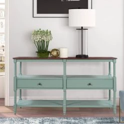 57 in. Rustic Wood Console Table Sofa Table with 3-Tier Open Storage-Shelf and 2-Drawers (Cherry+ Antique Blue) by Siavonce -OS Home Sales Shop cherry antique blue siavonce console tables t y wf199319aac 31 1000