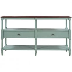 57 in. Rustic Wood Console Table Sofa Table with 3-Tier Open Storage-Shelf and 2-Drawers (Cherry+ Antique Blue) by Siavonce