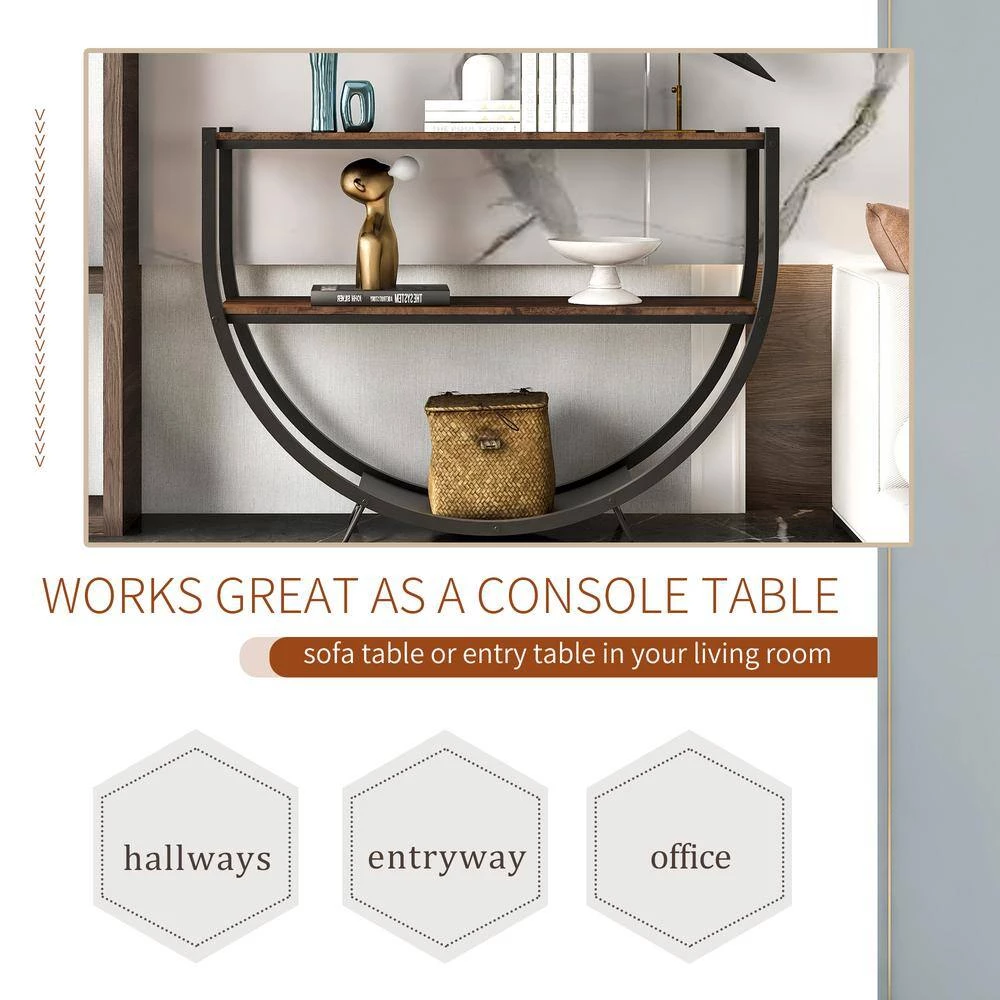 48 in. Distressed Brown Rustic Industrial Design Demilune Shape Textured Metal Distressed Wood Console Table by Siavonce 14 48 in. Distressed Brown Rustic Industrial Design Demilune Shape Textured Metal Distressed Wood Console Table by Siavonce - Image 13