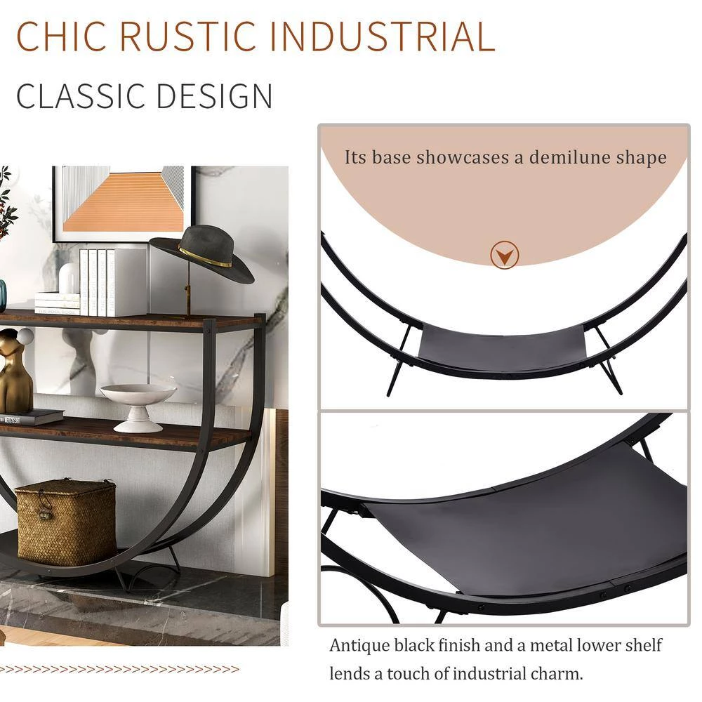 48 in. Distressed Brown Rustic Industrial Design Demilune Shape Textured Metal Distressed Wood Console Table by Siavonce 13 48 in. Distressed Brown Rustic Industrial Design Demilune Shape Textured Metal Distressed Wood Console Table by Siavonce - Image 12