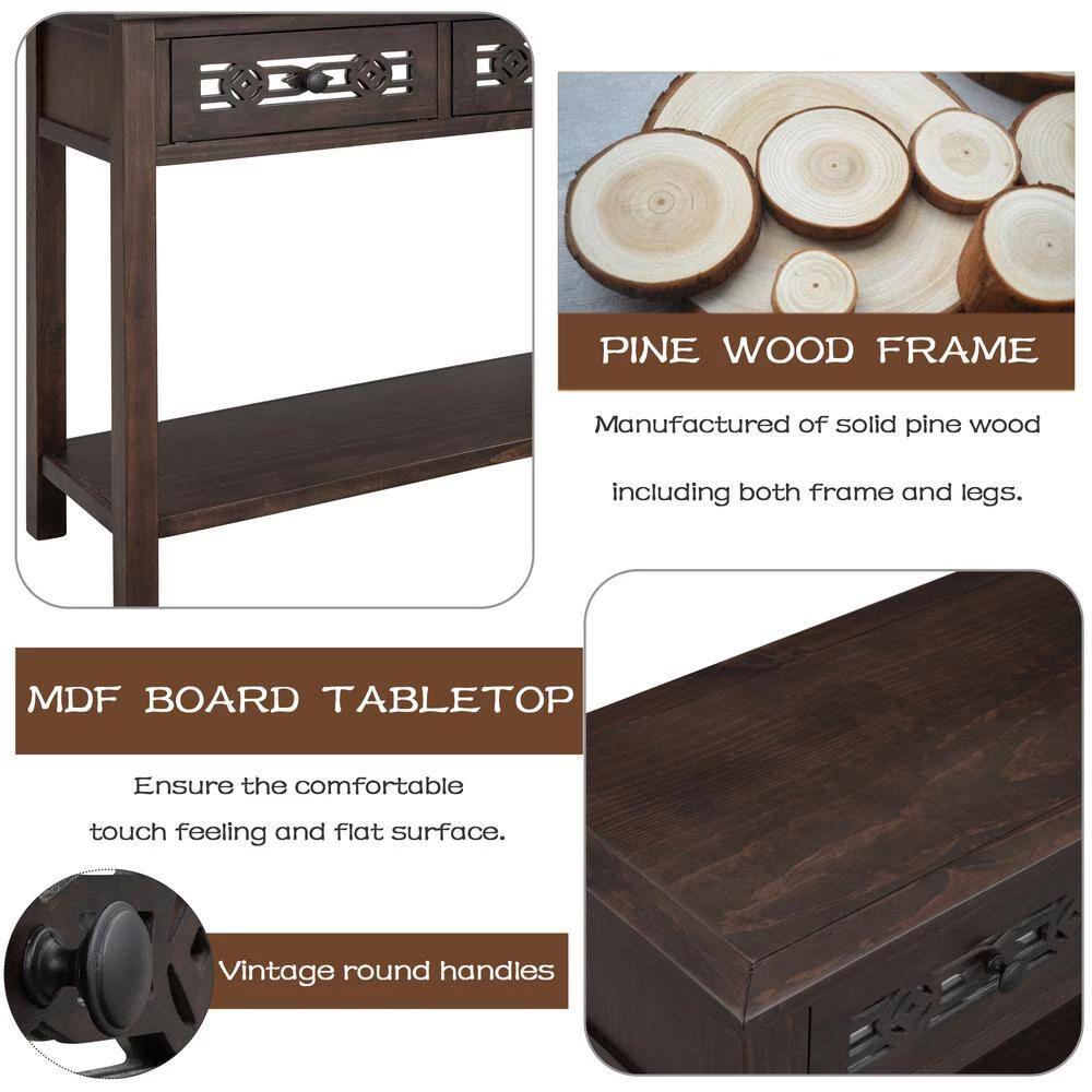 Classic Wood Console Table with Hollow-Out Decoration 2-Top-Drawers and Open-Shelf Large Storage Space (Espresso) by Siavonce 13 Classic Wood Console Table with Hollow-Out Decoration 2-Top-Drawers and Open-Shelf Large Storage Space (Espresso) by Siavonce - Image 11