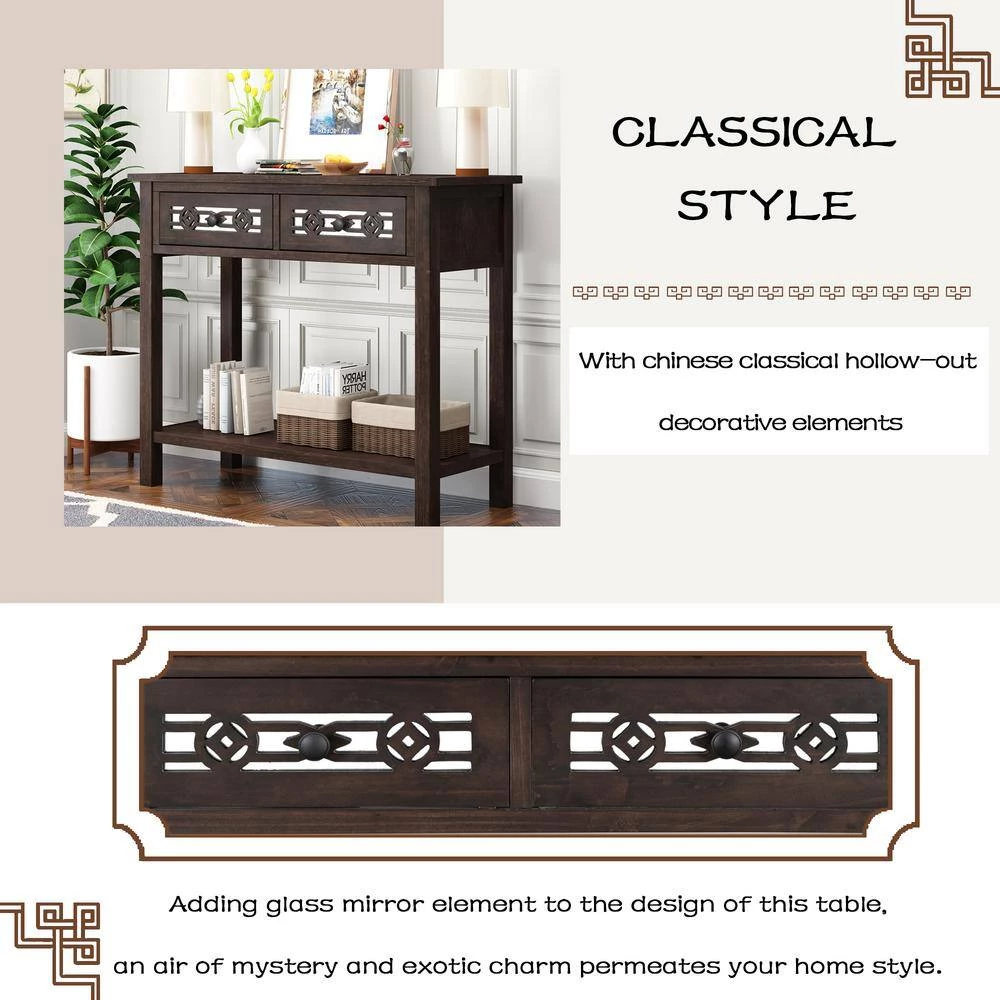 Classic Wood Console Table with Hollow-Out Decoration 2-Top-Drawers and Open-Shelf Large Storage Space (Espresso) by Siavonce 11 Classic Wood Console Table with Hollow-Out Decoration 2-Top-Drawers and Open-Shelf Large Storage Space (Espresso) by Siavonce - Image 9