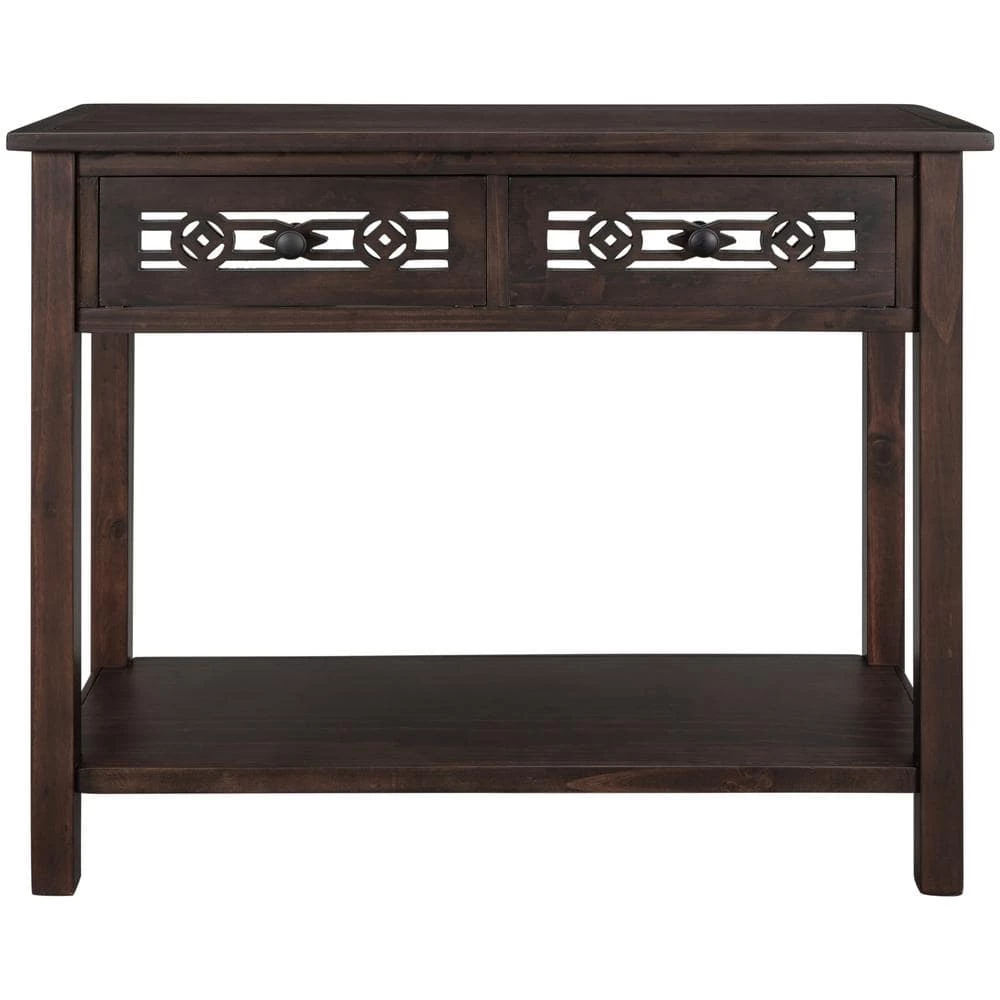 Classic Wood Console Table with Hollow-Out Decoration 2-Top-Drawers and Open-Shelf Large Storage Space (Espresso) by Siavonce 3 Classic Wood Console Table with Hollow-Out Decoration 2-Top-Drawers and Open-Shelf Large Storage Space (Espresso) by Siavonce
