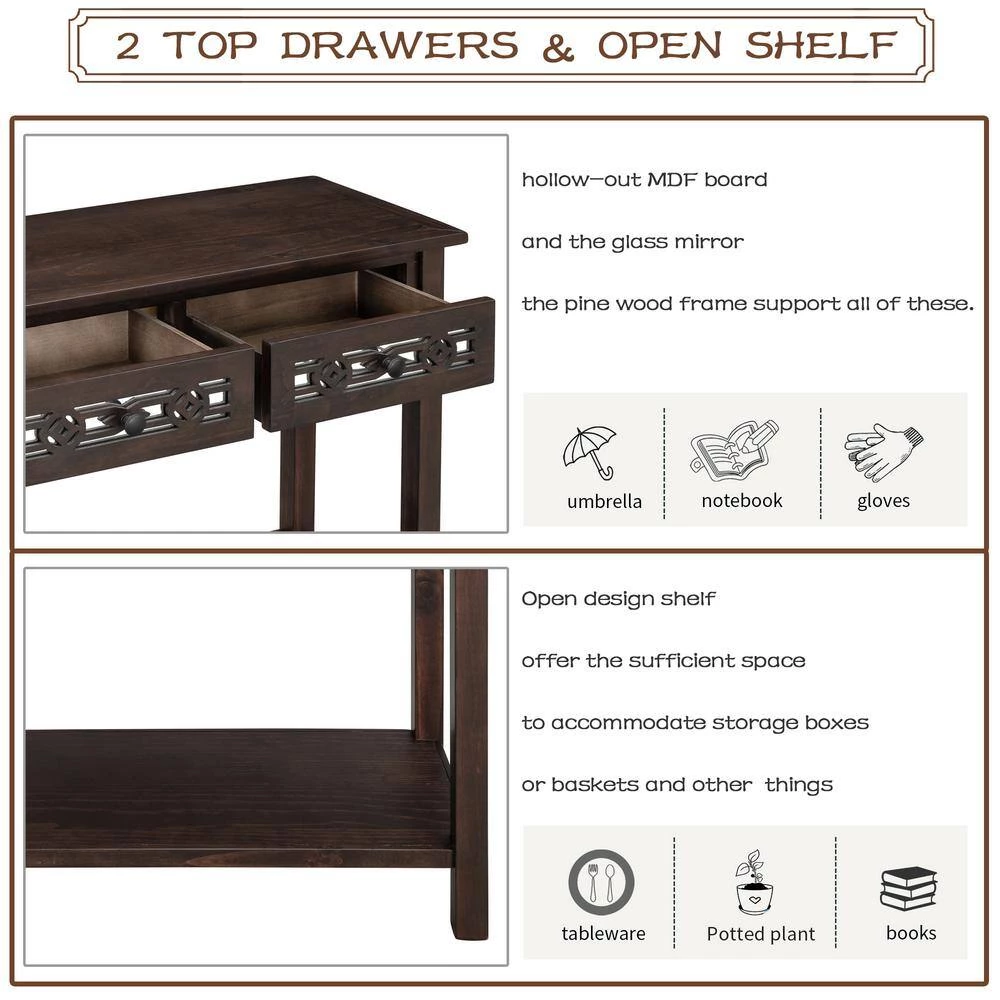 Classic Wood Console Table with Hollow-Out Decoration 2-Top-Drawers and Open-Shelf Large Storage Space (Espresso) by Siavonce 14 Classic Wood Console Table with Hollow-Out Decoration 2-Top-Drawers and Open-Shelf Large Storage Space (Espresso) by Siavonce - Image 12