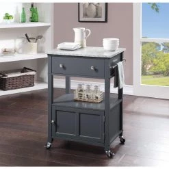 Farmhouse Gray Painted Kitchen Cart with Drawer and Granite Top by OS Home and Office Furniture