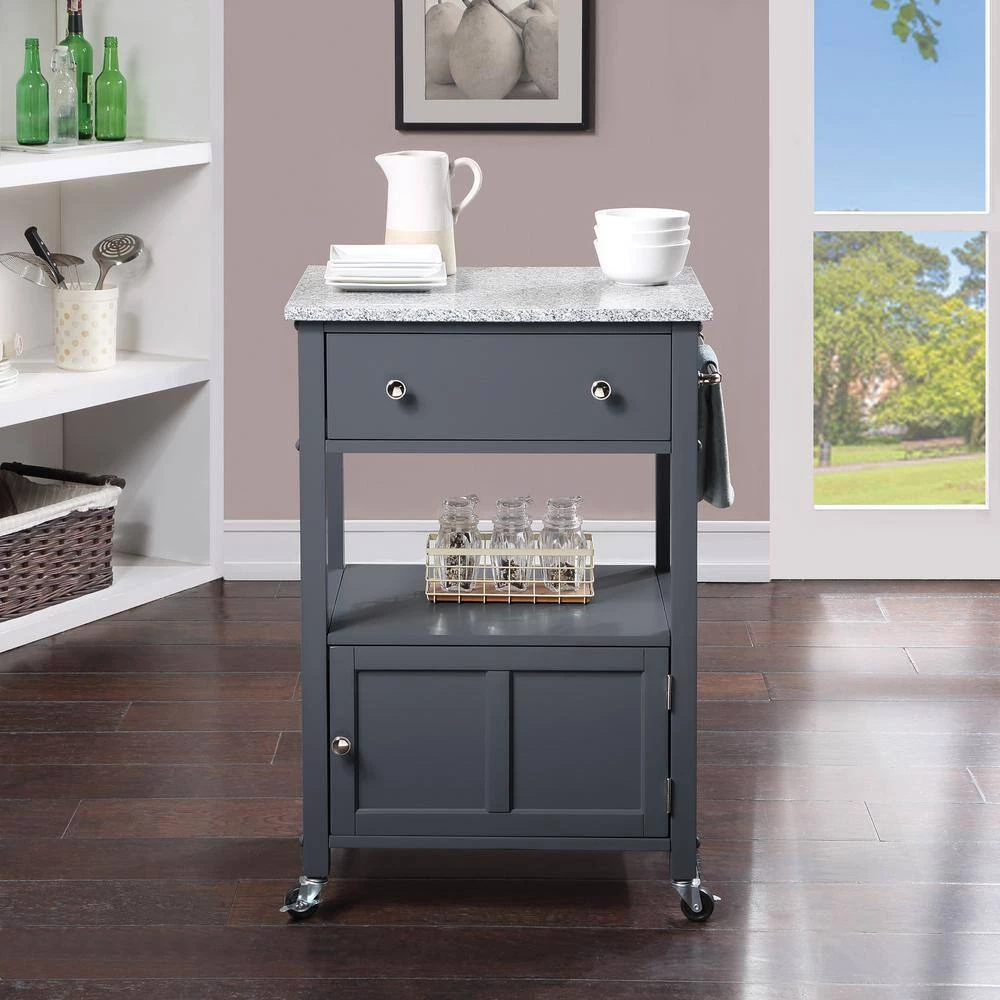 Farmhouse Gray Painted Kitchen Cart with Drawer and Granite Top by OS Home and Office Furniture 11 Farmhouse Gray Painted Kitchen Cart with Drawer and Granite Top by OS Home and Office Furniture - Image 9