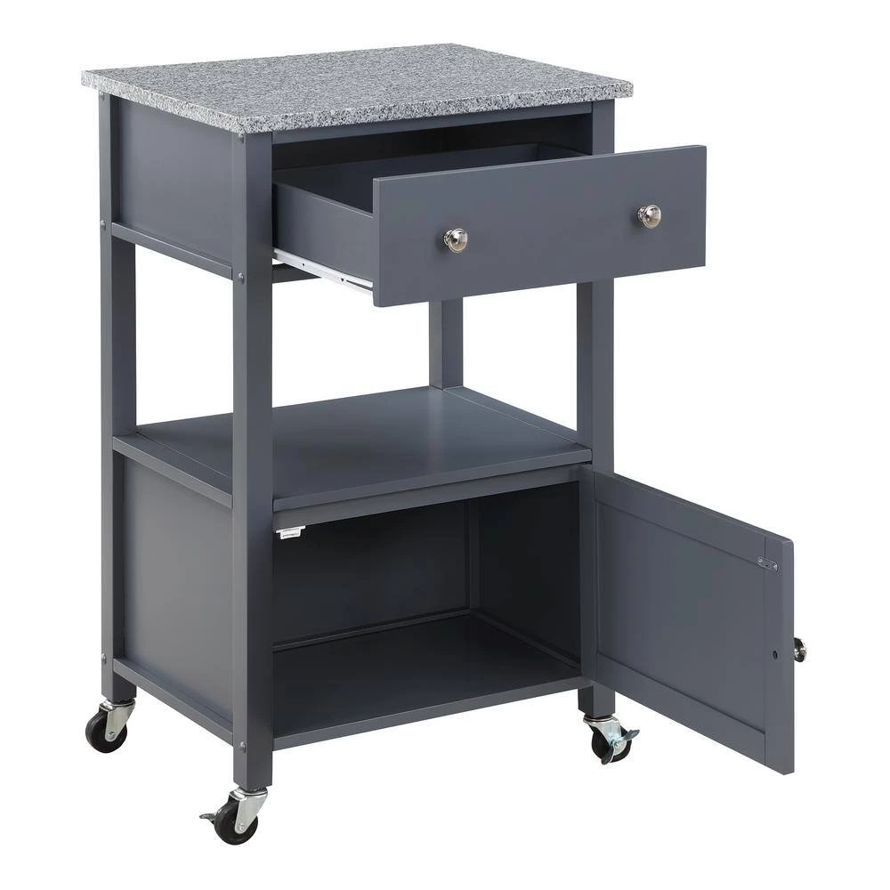 Farmhouse Gray Painted Kitchen Cart with Drawer and Granite Top by OS Home and Office Furniture 6 Farmhouse Gray Painted Kitchen Cart with Drawer and Granite Top by OS Home and Office Furniture - Image 4