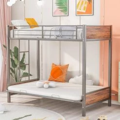 Gray Twin-Over-Futon Bunk Bed, Metal Futon Bunk Bed Frame with Guardrails and Ladder by Siavonce -OS Home Sales Shop gray siavonce bunk beds dj zc lp000196aae 31 1000