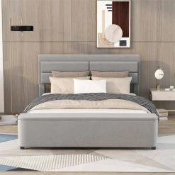 Gray Upholstered Frame Queen Size Platform Bed with Storage Headboard and Footboard, Support Legs by Siavonce -OS Home Sales Shop gray siavonce platform beds dj zc gx001510aae 31 1000