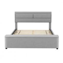 Gray Upholstered Frame Queen Size Platform Bed with Storage Headboard and Footboard, Support Legs by Siavonce