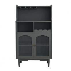 Grey Living Room Wine Cabinet with Removable Shelf and Glass Door Wine Glass Holder by Siavonce