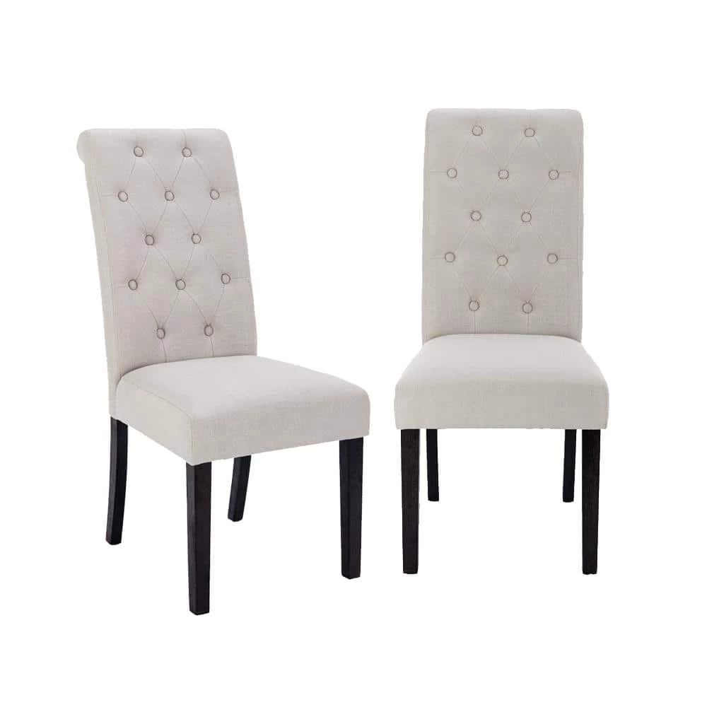 Modern Elegant Light Beige Button-Tufted Upholstered Fabric Dining Chair 2-Pieces Set by Siavonce 3 Modern Elegant Light Beige Button-Tufted Upholstered Fabric Dining Chair 2-Pieces Set by Siavonce