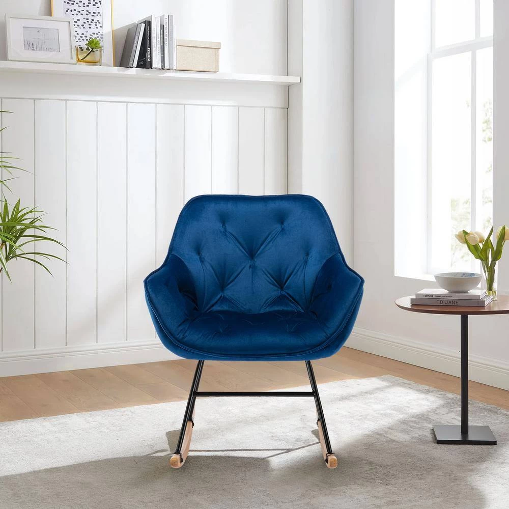 Navy Modern Living Room Comfortable Velvet Rocking Chair Accent Chair With IRON And Beech Leg by Siavonce 4 Navy Modern Living Room Comfortable Velvet Rocking Chair Accent Chair With IRON And Beech Leg by Siavonce - Image 2