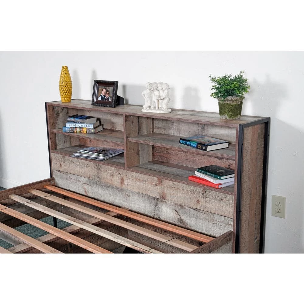 Rustic Collection Brown Reclaimed Barn Wood Laminate Queen Platform Bed with Bookcase Head and Storage Foot Board by OS Home and Office Furniture 6 Rustic Collection Brown Reclaimed Barn Wood Laminate Queen Platform Bed with Bookcase Head and Storage Foot Board by OS Home and Office Furniture - Image 4