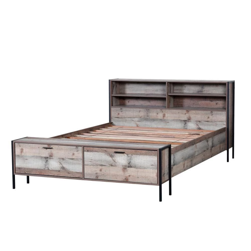 Rustic Collection Brown Reclaimed Barn Wood Laminate Queen Platform Bed with Bookcase Head and Storage Foot Board by OS Home and Office Furniture 4 Rustic Collection Brown Reclaimed Barn Wood Laminate Queen Platform Bed with Bookcase Head and Storage Foot Board by OS Home and Office Furniture - Image 2