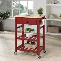 Farmhouse Red Painted Kitchen Cart with Drawer and Wood Top by OS Home and Office Furniture -OS Home Sales Shop red os home and office furniture bar carts hmpnw 9 c3 1000