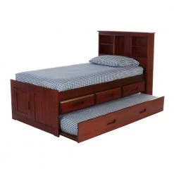 Merlot Mission Brown Twin Sized Captains Bookcase Bed with 3-Drawers and a Twin Trundle by OS Home and Office Furniture