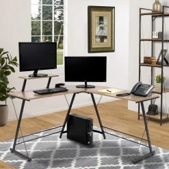 Spacious Series 51 in. H L-Shape Computer Desk in Sewn Oak Laminate with Reversible Monitor Platform by OS Home and Office Furniture -OS Home Sales Shop sewn oak os home and office furniture computer desks 42249 c3 1000