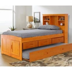 Honey Mission Light Brown Twin Sized Captains Bookcase Bed with 3-Drawers and a Twin Trundle by OS Home and Office Furniture -OS Home Sales Shop warm honey os home and office furniture kids beds 82120k3 22 1f 1000