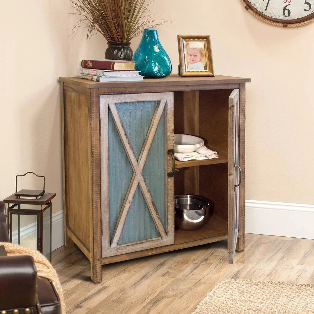 Weathered Brown with Antique White Wood and Metal Fully Assembled 2-Door Corrugated Storage Cabinet with 3-Shelves by OS Home and Office Furniture 6 Weathered Brown with Antique White Wood and Metal Fully Assembled 2-Door Corrugated Storage Cabinet with 3-Shelves by OS Home and Office Furniture - Image 4