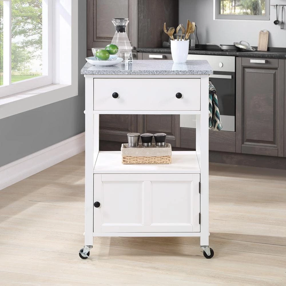 Farmhouse White Painted Kitchen Cart with Drawer and Granite Top by OS Home and Office Furniture 2 Farmhouse White Painted Kitchen Cart with Drawer and Granite Top by OS Home and Office Furniture
